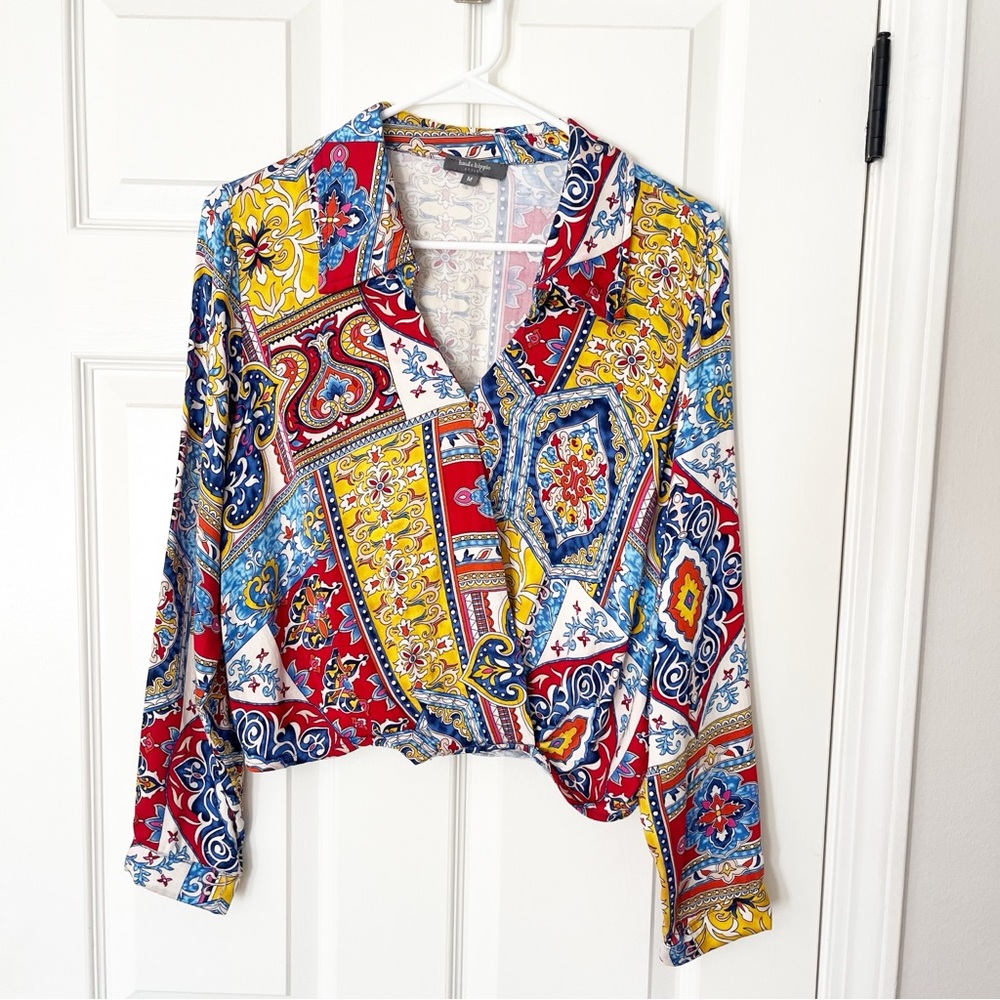 Long Sleeved Bold Print Faux Wrap Top
